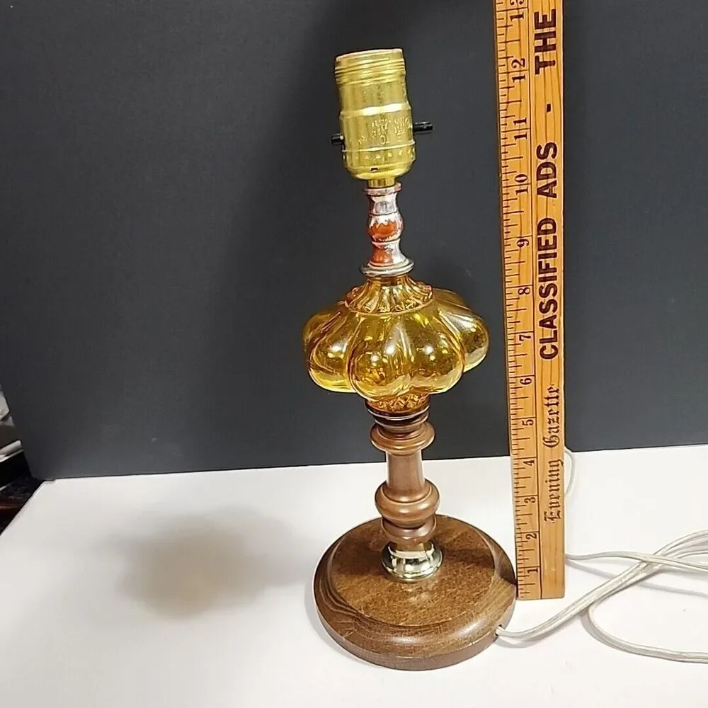 VTG Accent Table Lamp Amber Convex Bubble Glass, Wooden Base, Wood & Brass 12.5
